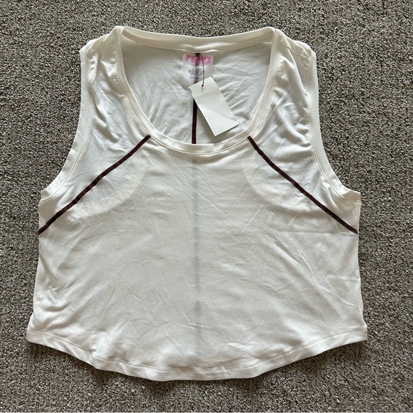 Terez Ivory WorkIt Cropped Crewneck Racerback Tank Top w/Brown Piping XS - Picture 1 of 9
